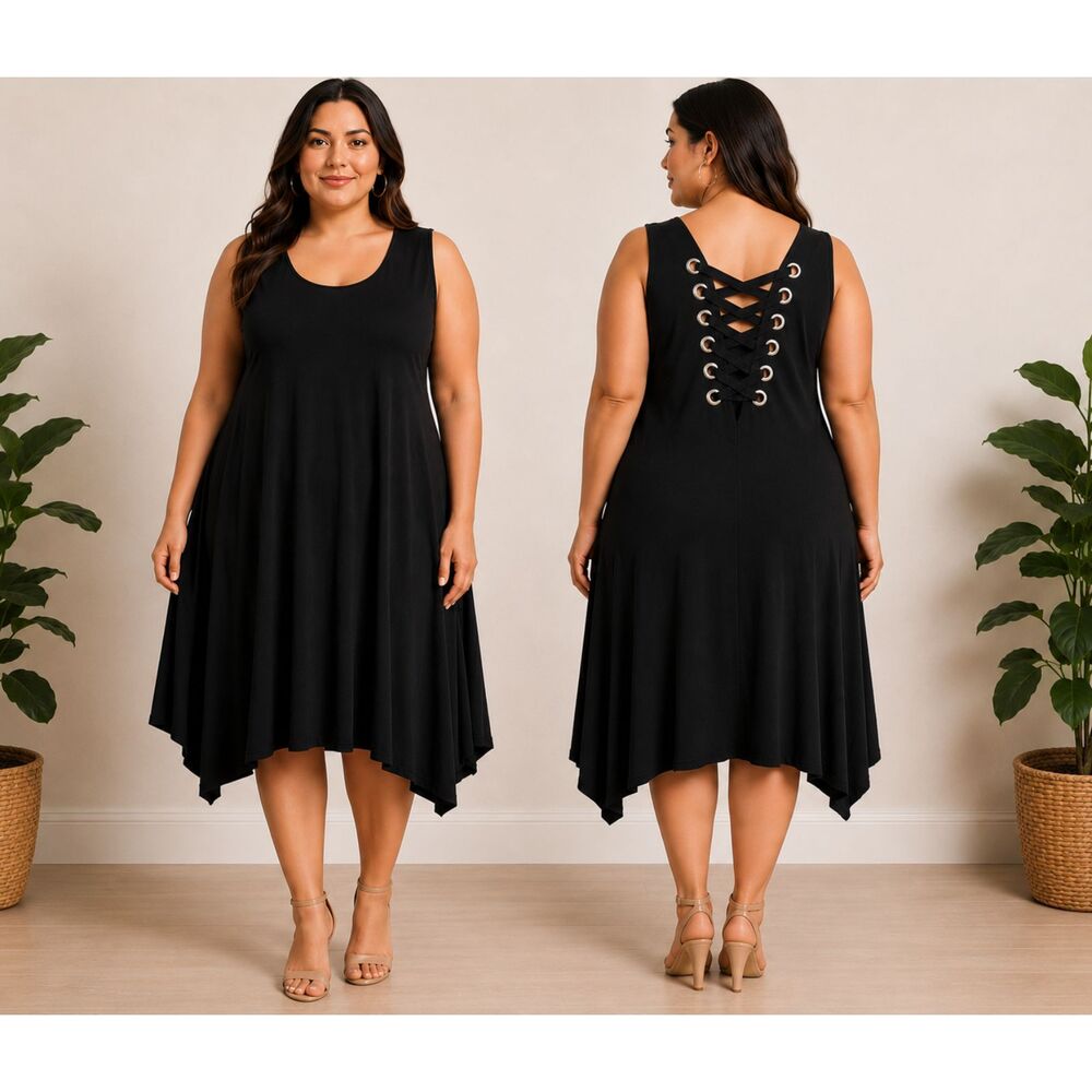 Cable & Gauge Black Swing Dress Lace Up Back Handkerchief Hem Sleeveless 3X NWT